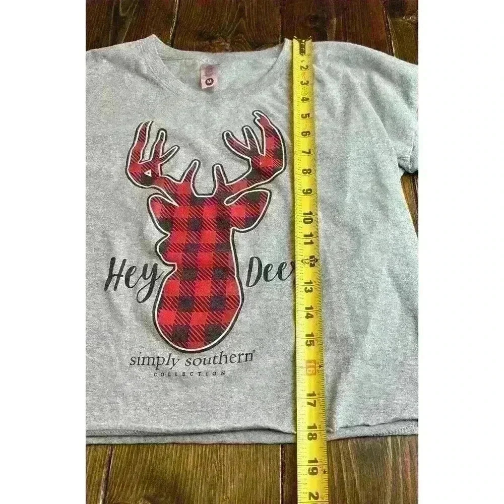 Simply Southern Hey Deer Long Sleeve Crop Top Medium Buffalo Plaid - Picture 3 of 7